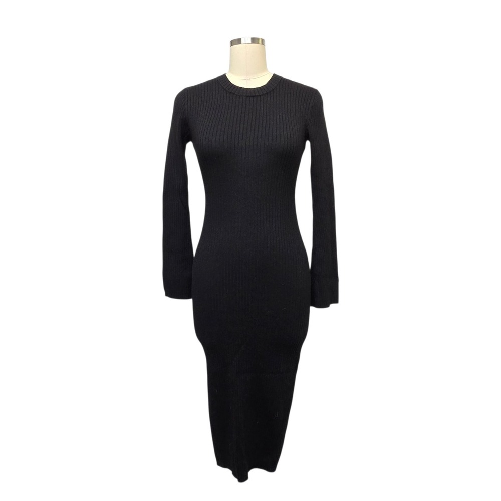 AYR Black Ribbed Merino Wool Blend Knit Midi Bodycon Dress Size Small